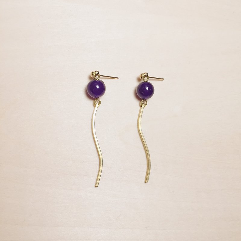 Vintage Deep Purple Jade Wave Long Earrings - ต่างหู - หยก สีม่วง