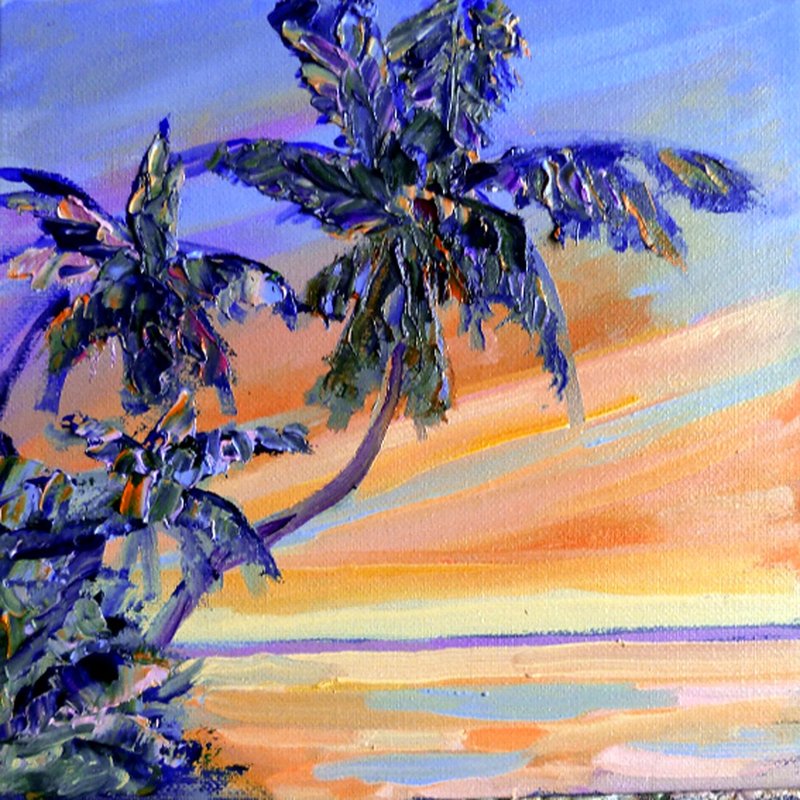 Ocean sunset oil painting on canvas - original art - palm trees small painting - 海報/掛畫/掛布 - 棉．麻 藍色