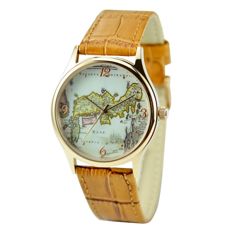 Vintage Map Watch (Japan) Rose Gold - Unisex - Free shipping worldwide - นาฬิกาผู้หญิง - โลหะ สีกากี