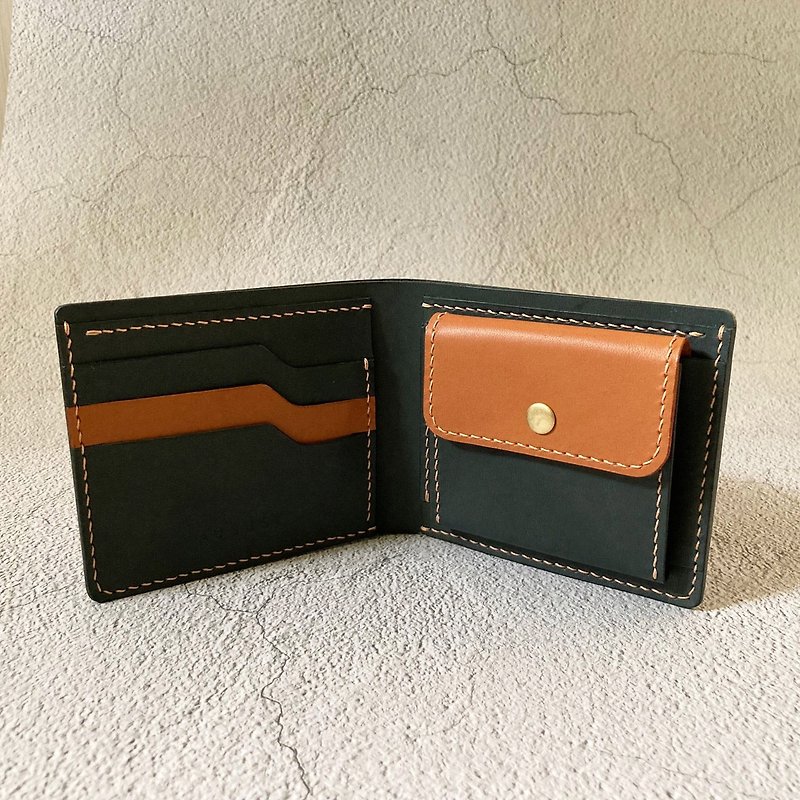 [Color Contrast Series] Dark Green + Caramel Short Clip/Wallet - Wallets - Genuine Leather 