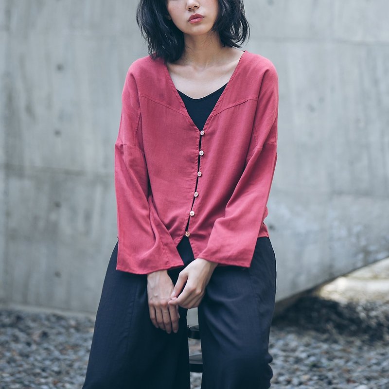 Breasted V-Neck Blouse - Brick Red - Women's Tops - Cotton & Hemp Red