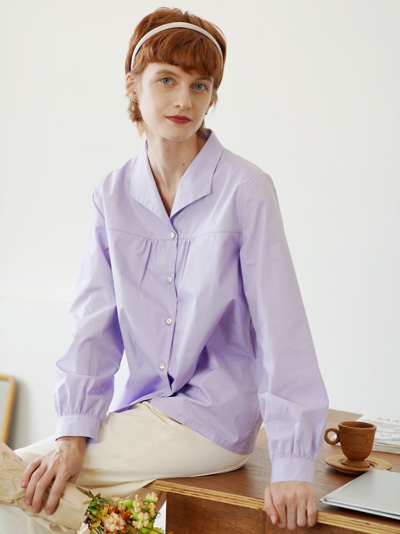ECRU SOLI elegant retro seagull lapel gentle lilac purple long-sleeved shirt - เสื้อเชิ้ตผู้หญิง - ผ้าฝ้าย/ผ้าลินิน สีม่วง