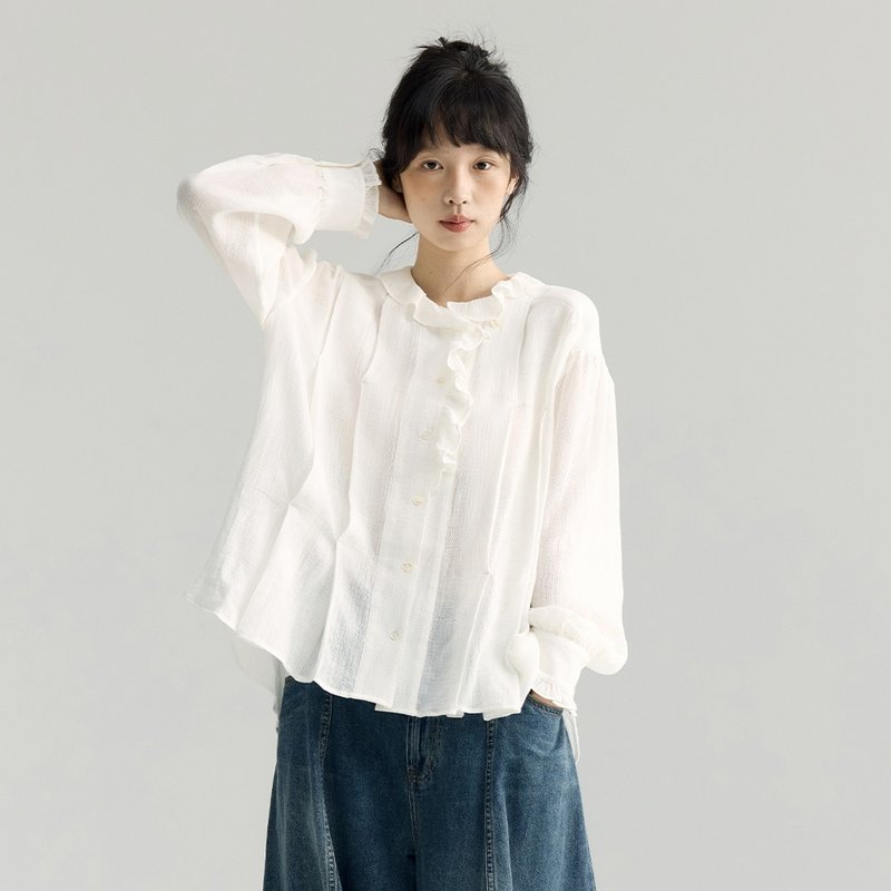 白色木耳花邊襯衫|襯衫|秋款|Sora-1892 - 女襯衫 - 棉．麻 白色