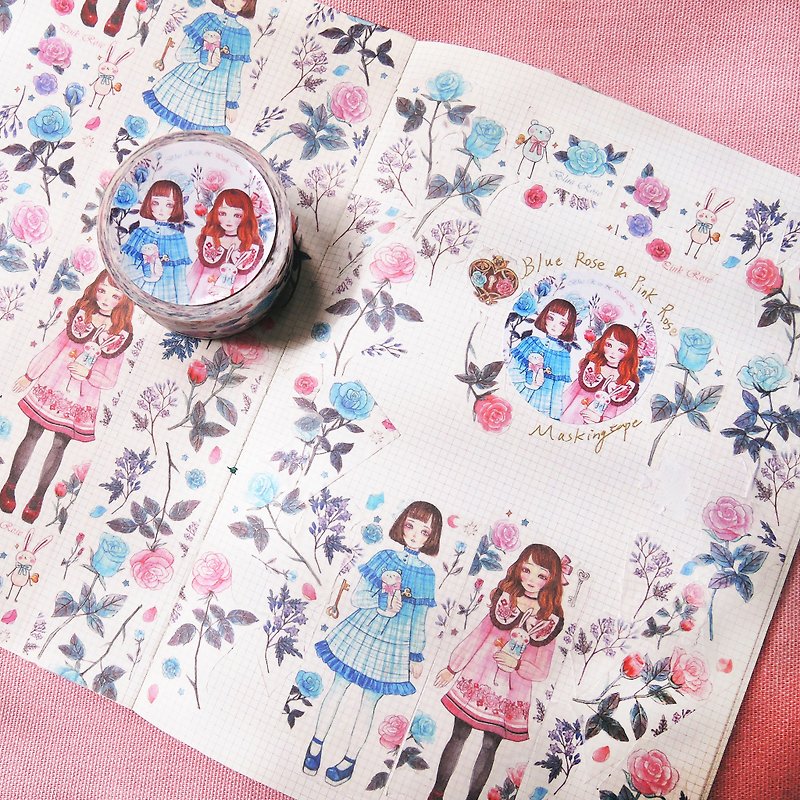 Blue rose and pink rose paper tape - Washi Tape - Paper Pink