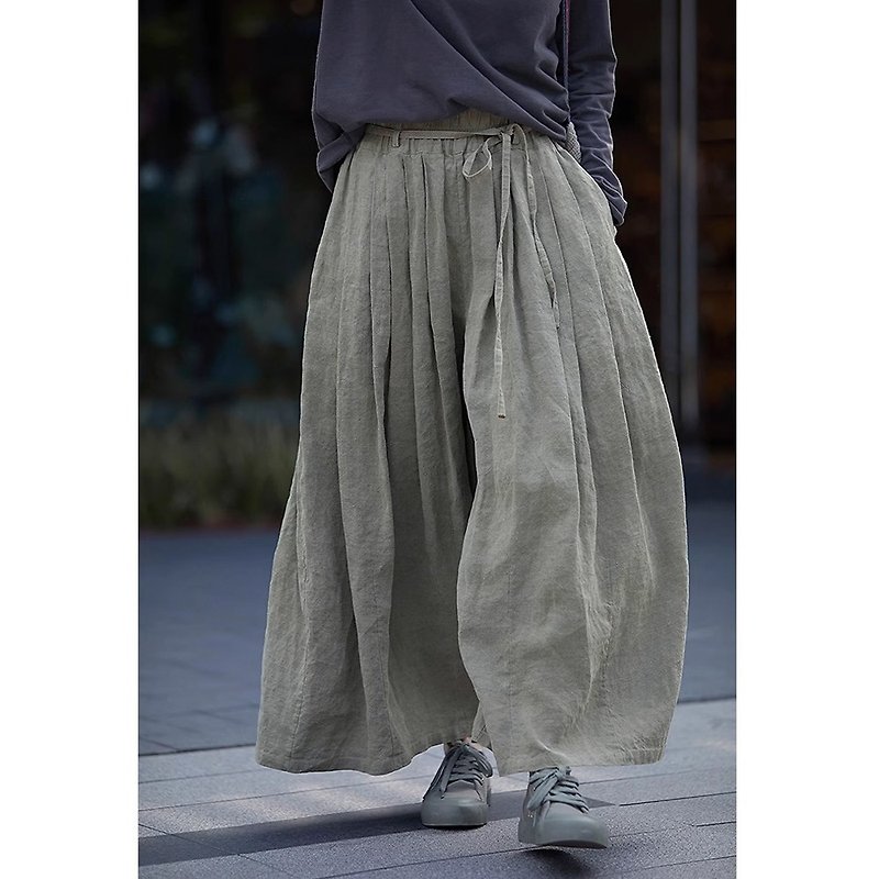 Autumn tea brown green pure Linen bi-dyed elastic waist slimming wide leg pants - Women's Pants - Cotton & Hemp 