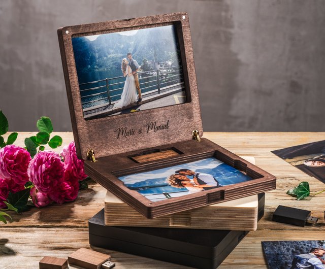 Wooden Photo Box for 4x6 Photo and USB Flash Drive, Wedding Photo