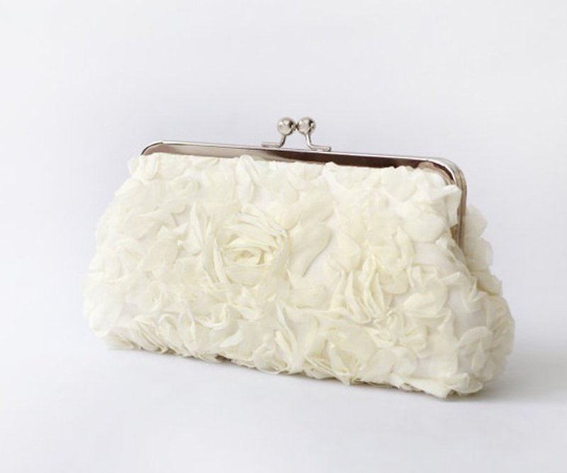 Handmade Clutch Bag in Ivory Chiffon | Gift for Bridal, Bridesmaids, Mom, Holiday Gift | Rose Floral Lace - อื่นๆ - วัสดุอื่นๆ ขาว