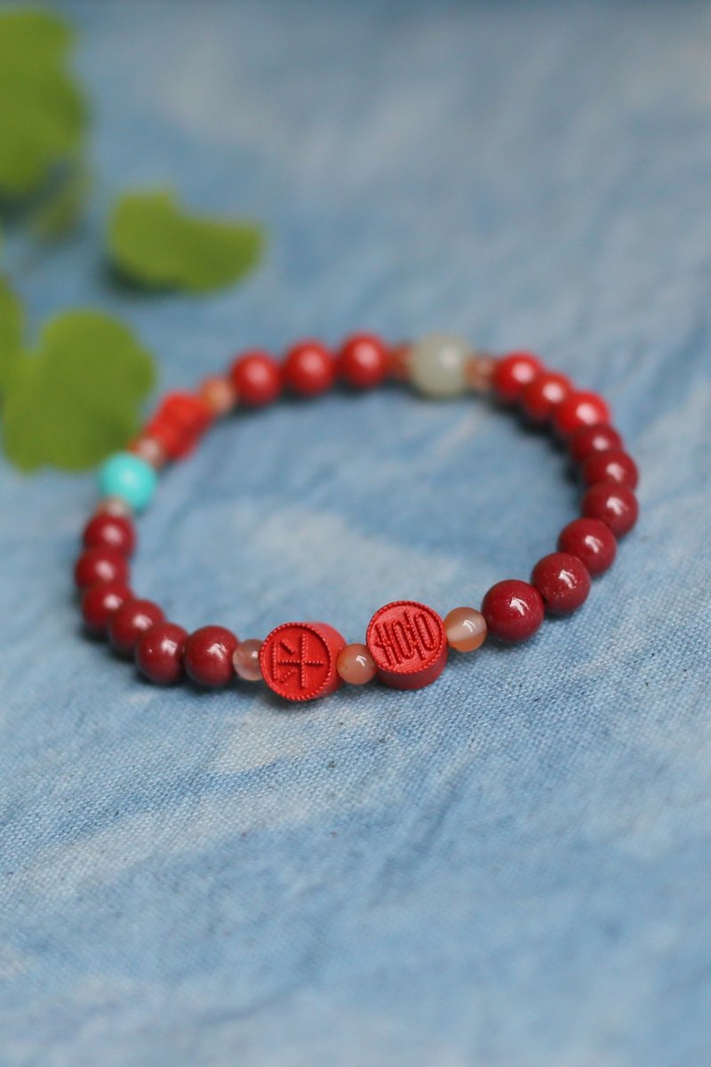春秋手作 | 平安喜樂 高瓷綠松 硃砂手鏈 | 本命年 新年 - 手鍊/手環 - 半寶石 多色