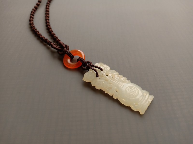 # SD022 Old white jade and old agate ring necklace - Long Necklaces - Jade White