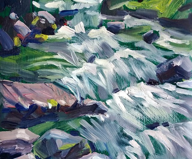 オリジナルの油絵の風景。山の川の壁アート。山の風景アート
