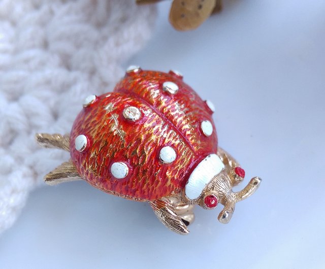 Vintage Jewelry 西洋古董飾品FLORENZA 紅色小瓢蟲琺瑯別針老
