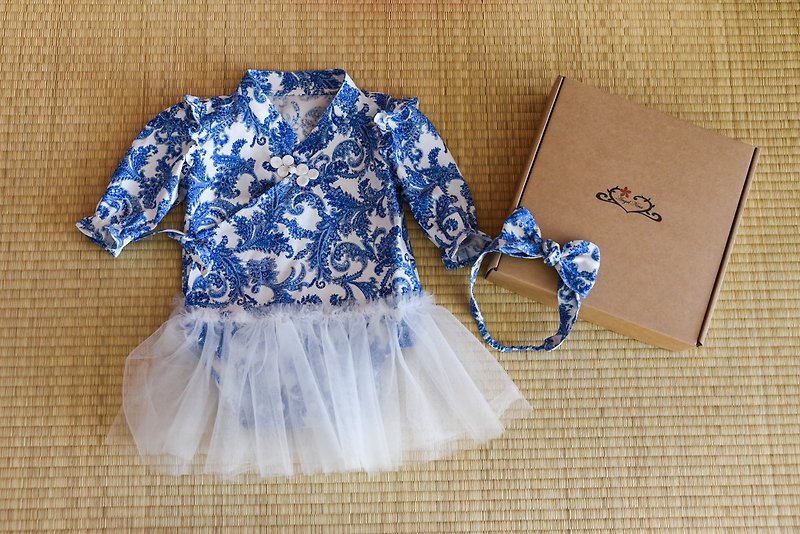 青と白の磁器のツツーバッグおならギフトボックス長袖 - 出産祝い用贈物 - コットン・麻 ピンク