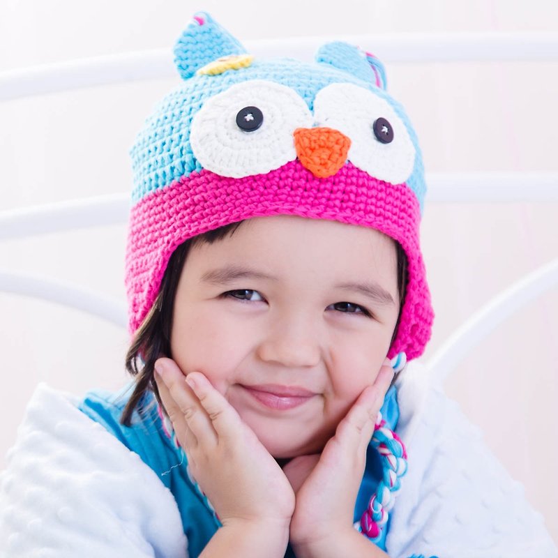 Cutie Bella Hand Knitted Hat Owl-Aqua/Fuchsia - หมวกเด็ก - ผ้าฝ้าย/ผ้าลินิน สีน้ำเงิน