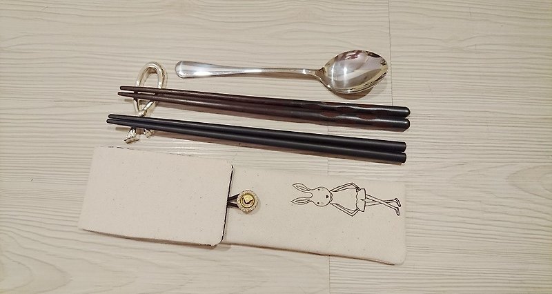 環保餐具收納袋 筷子袋 組合筷專用  手繪兔子小姐款 - 刀/叉/湯匙/餐具組 - 棉．麻 
