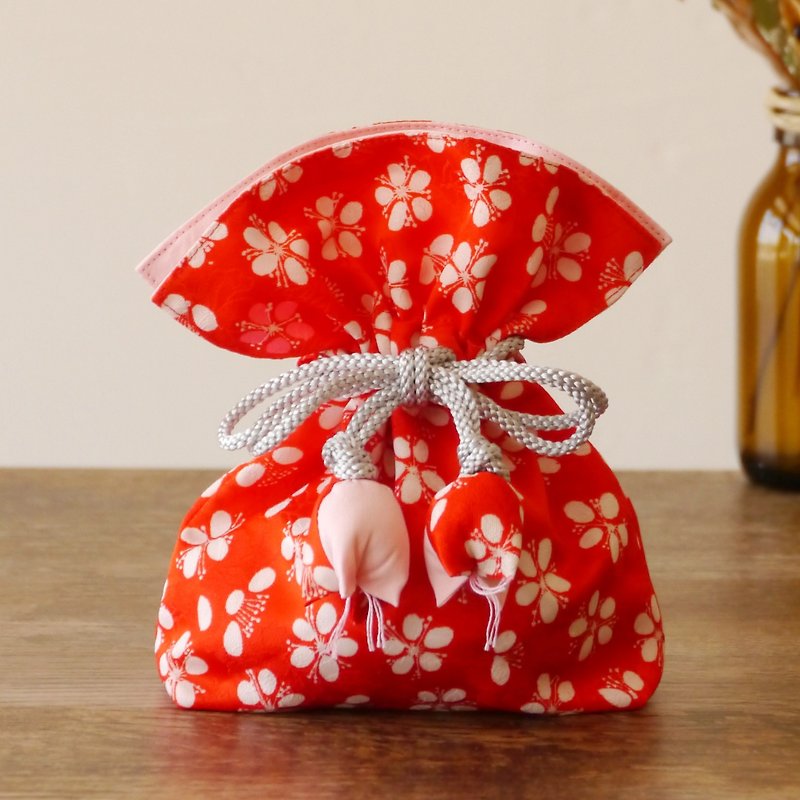 幸せ巾着　FUGURO　花柄 - 化妝袋/收納袋 - 棉．麻 紅色