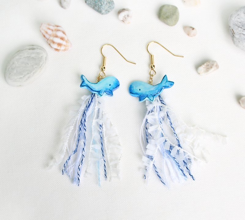 Whale fringed ear hook earrings / blue / ocean / fish / hand-painted - Earrings & Clip-ons - Clay Blue
