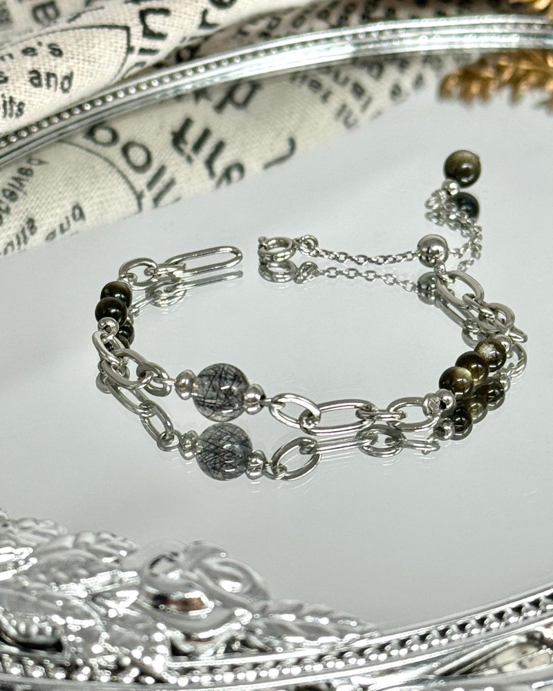 浪漫黑騎士水晶設計手鍊 - 醫療鋼/黑髮晶/金曜石 - 手鍊/手鐲 - 水晶 黑色