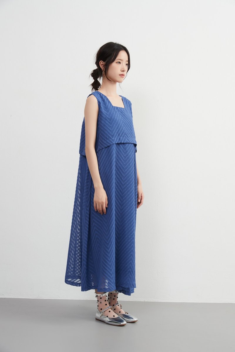 Jacquard chiffon, layered flare dress, two-piece dress, sleeveless, lined - One Piece Dresses - Polyester Blue