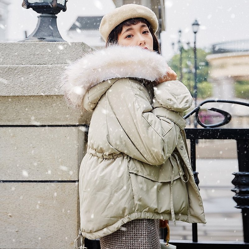 2018女裝冬季穿搭手套貉子毛短款羽絨服 - 外套/大衣 - 聚酯纖維 綠色