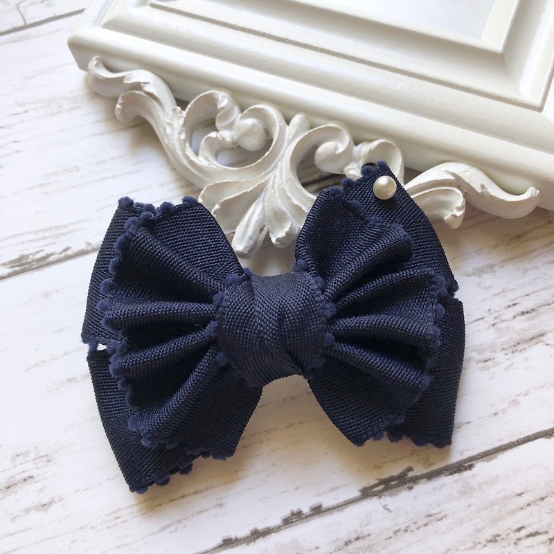Hairball Wave Bow Spring Clip/Navy Blue - Hair Accessories - Other Materials Blue
