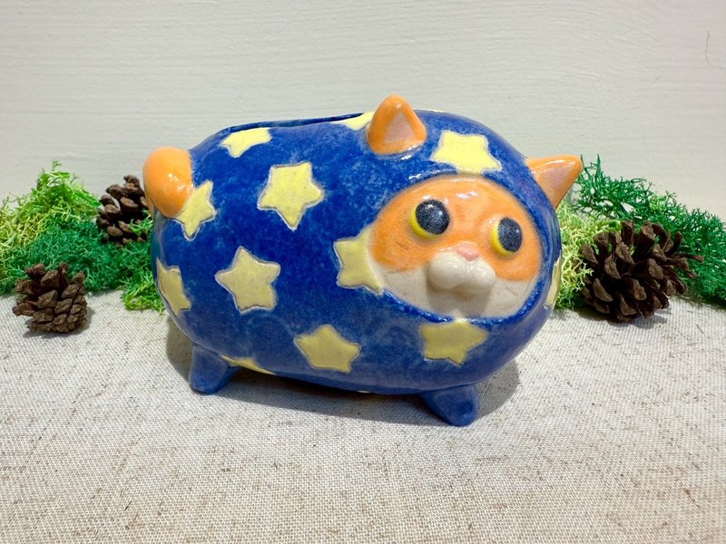 星星喵小福存錢筒-藍色B款 - 存錢筒 - 陶 藍色