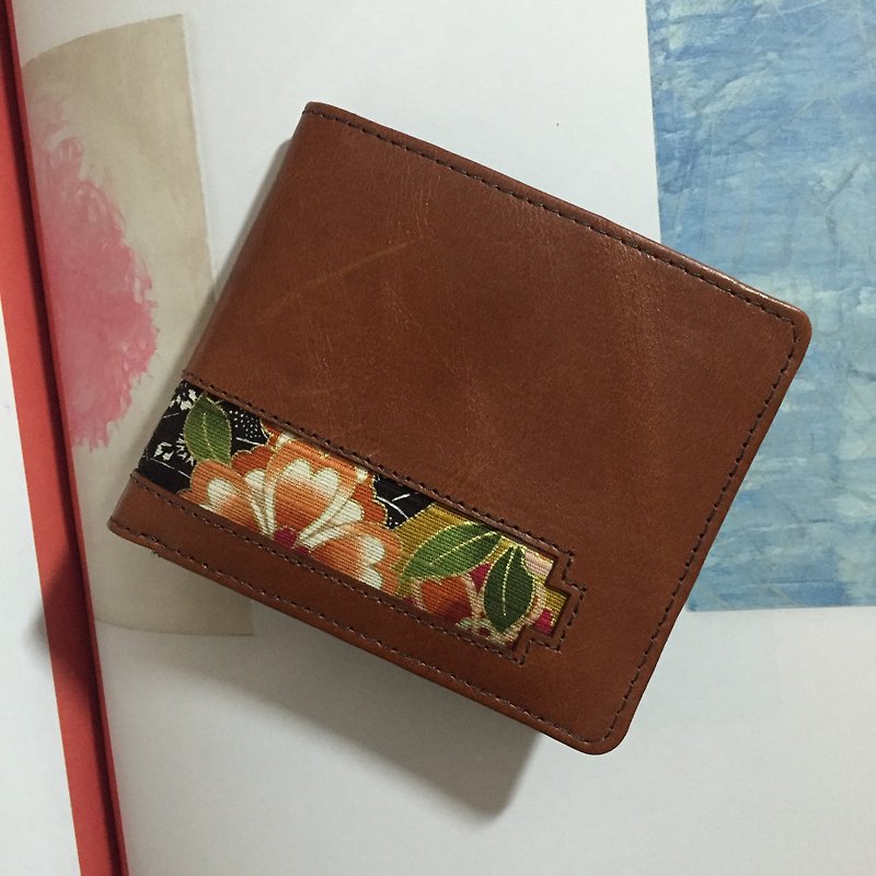 日式和風布料+植鞣革短夾 (限量兩個) - 長短皮夾/錢包 - 真皮 咖啡色