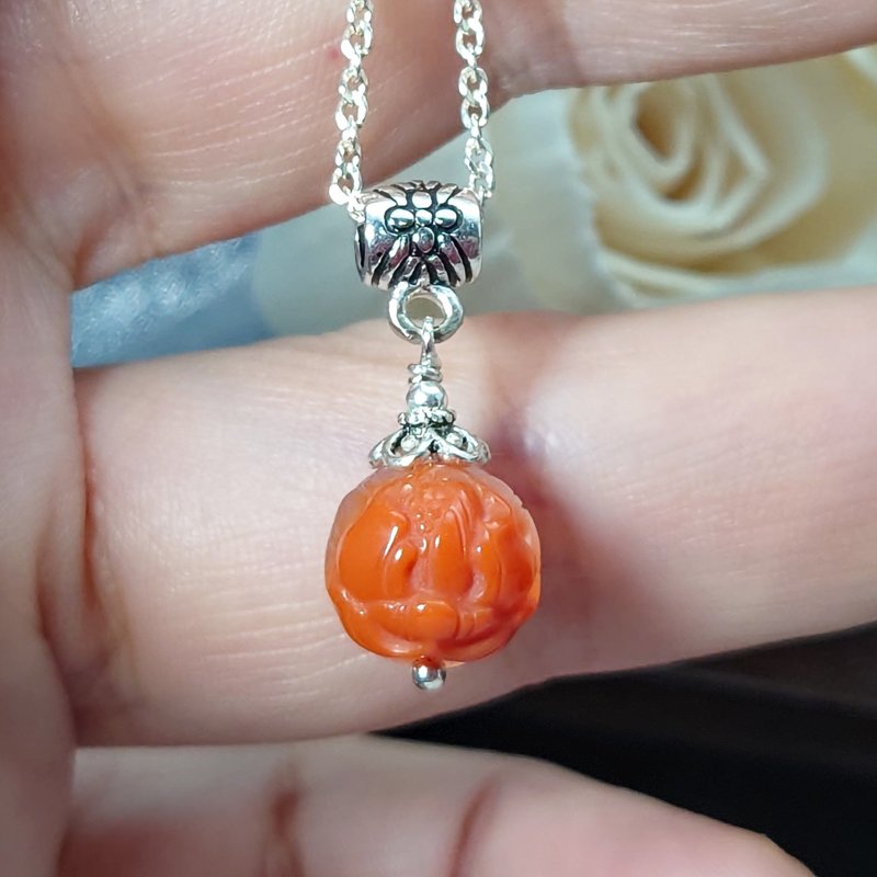 墜子 飄花 南紅瑪瑙 花朵巧雕球 項鍊 925銀飾 寶石 飾品 首飾 - 項鍊 - 寶石 紅色