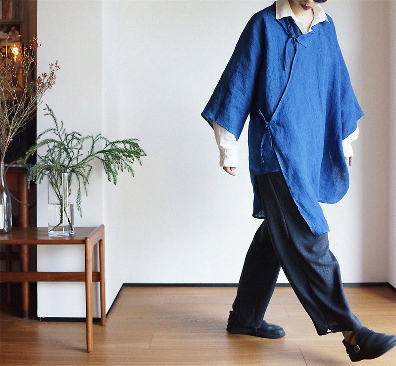 士林色織藍色 100%亞麻 經典中式斜襟 繫繩春夏 復古上衣開衫 - 外套/大衣 - 棉．麻 