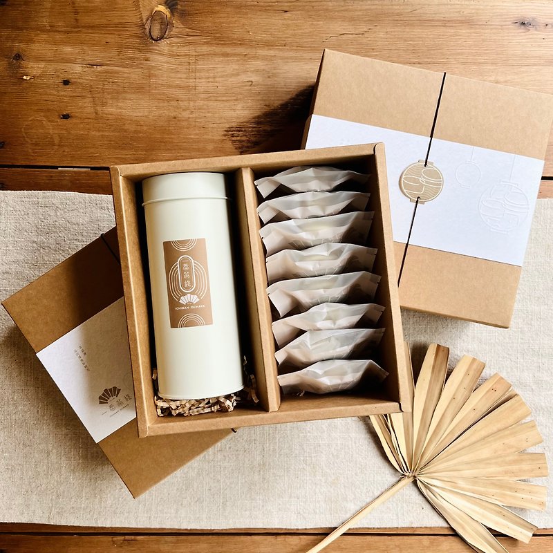 【Tea House Gift Box】Selected tea products x 8 pieces of popular Q-cakes - Handmade Cookies - Other Materials Khaki