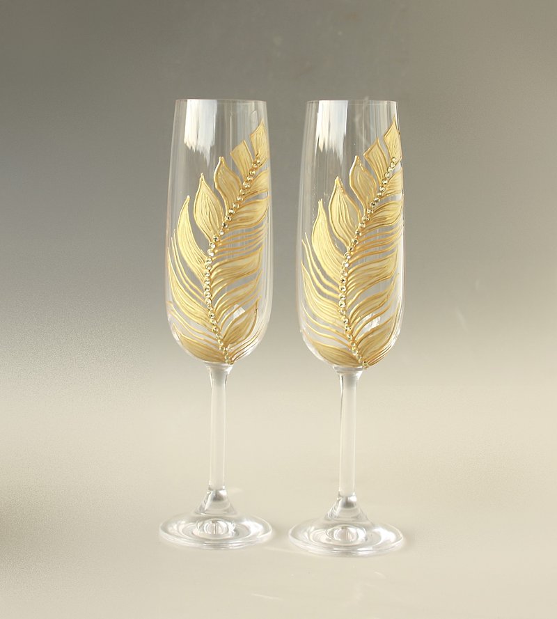 Gold Feather Champagne Glasses Wedding Anniversary, set of 2 Hand-painted - 酒杯/酒器 - 玻璃 金色