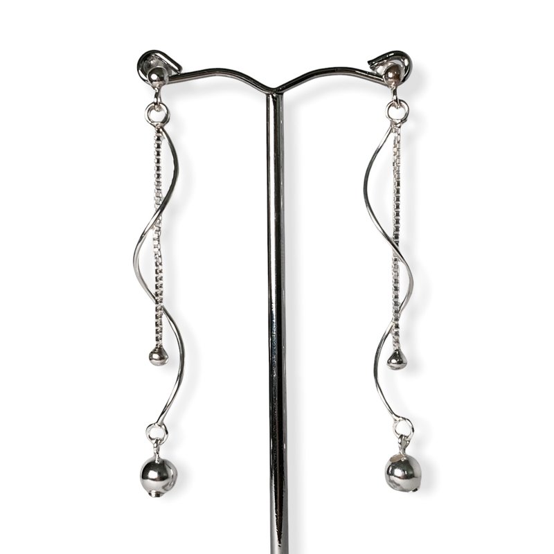 Stud Earrings Handmade Minimalist Style Link Chain Long Drop 925 Sterling Silver - ต่างหู - เงิน สีเงิน