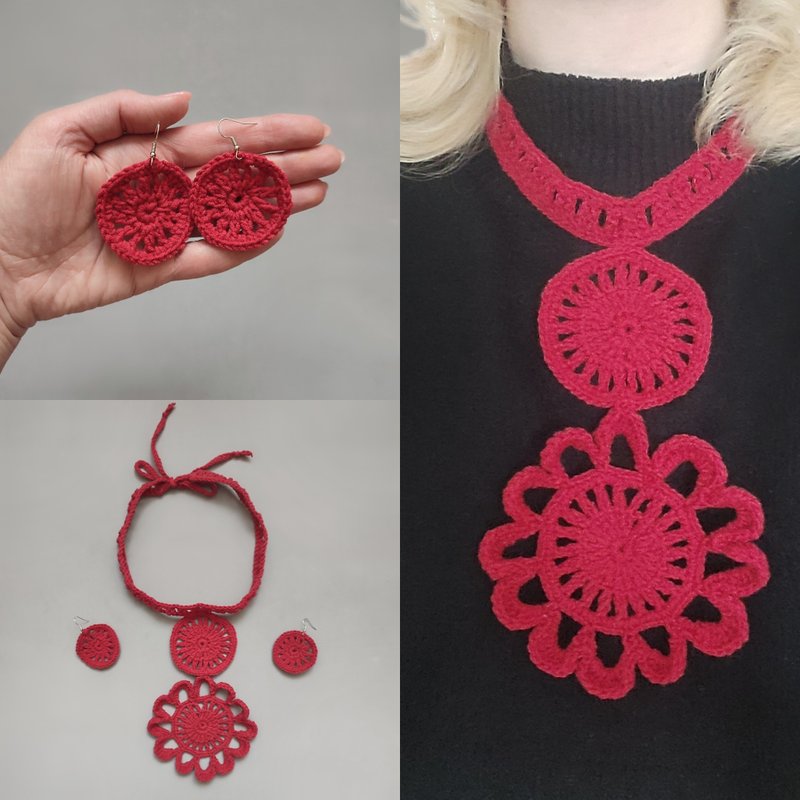 Elegant jewelry, Necklace in red, crochet accessories, earring and necklace set - Necklaces - Other Materials Red