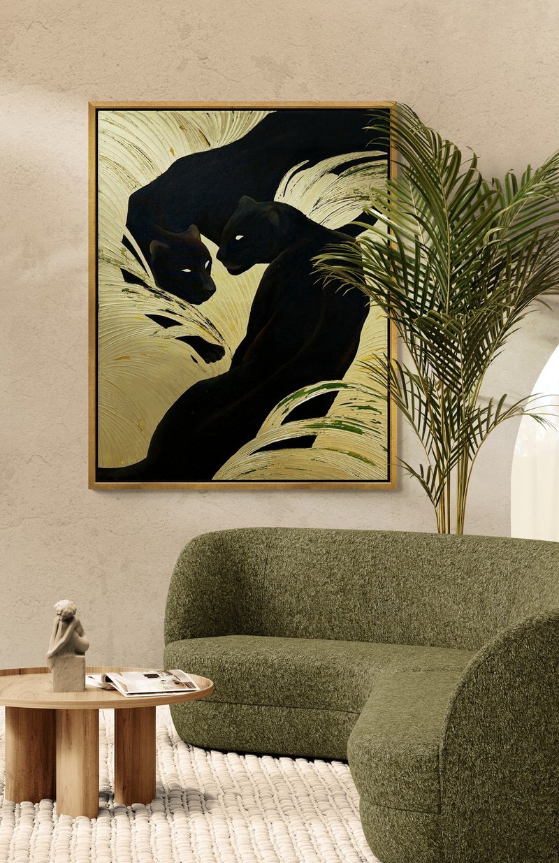 Large Texture Gold Painting Panther on Canvas Wall Ar Picture for Living Room - 壁貼/牆壁裝飾 - 棉．麻 金色