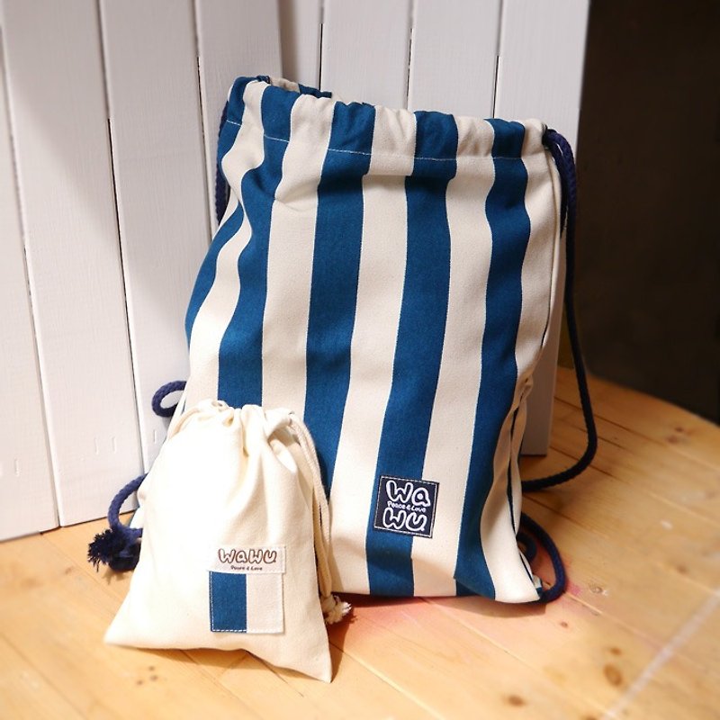 WaWu束口後背包+小收納袋 (條紋藍) 訂製款* /輕便運動包/書包/游泳池包/蔬果袋購物袋 - 水桶包/束口袋 - 棉．麻 藍色