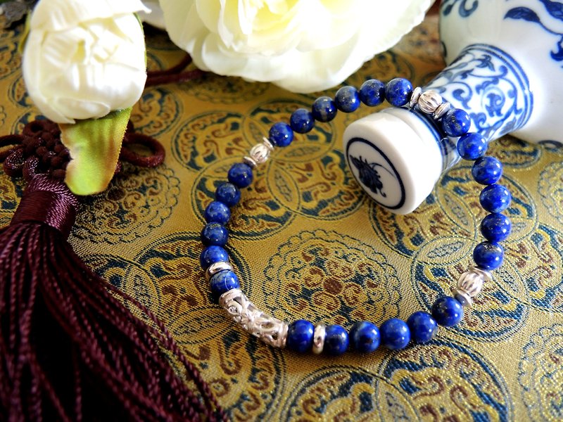 "Blue and white porcelain" classical oriental lapis lazuli 925 sterling silver bracelet - สร้อยข้อมือ - เครื่องเพชรพลอย สีน้ำเงิน