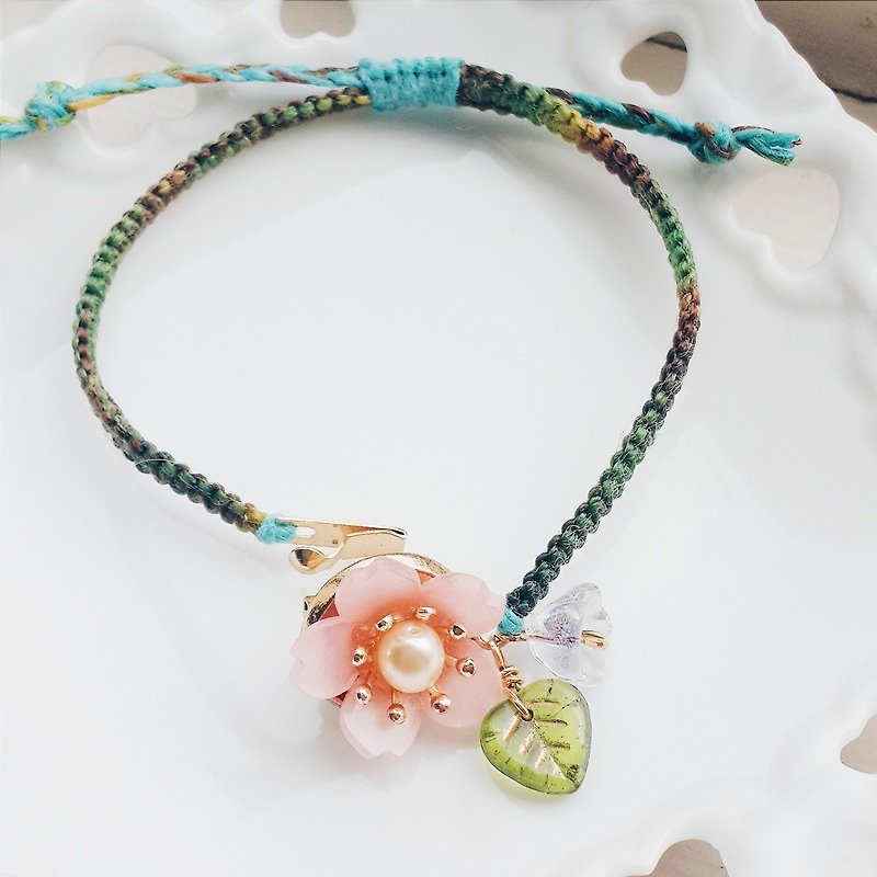 momolico cherry blossom woven bracelet autumn adjustable size - สร้อยข้อมือ - วัสดุอื่นๆ สึชมพู