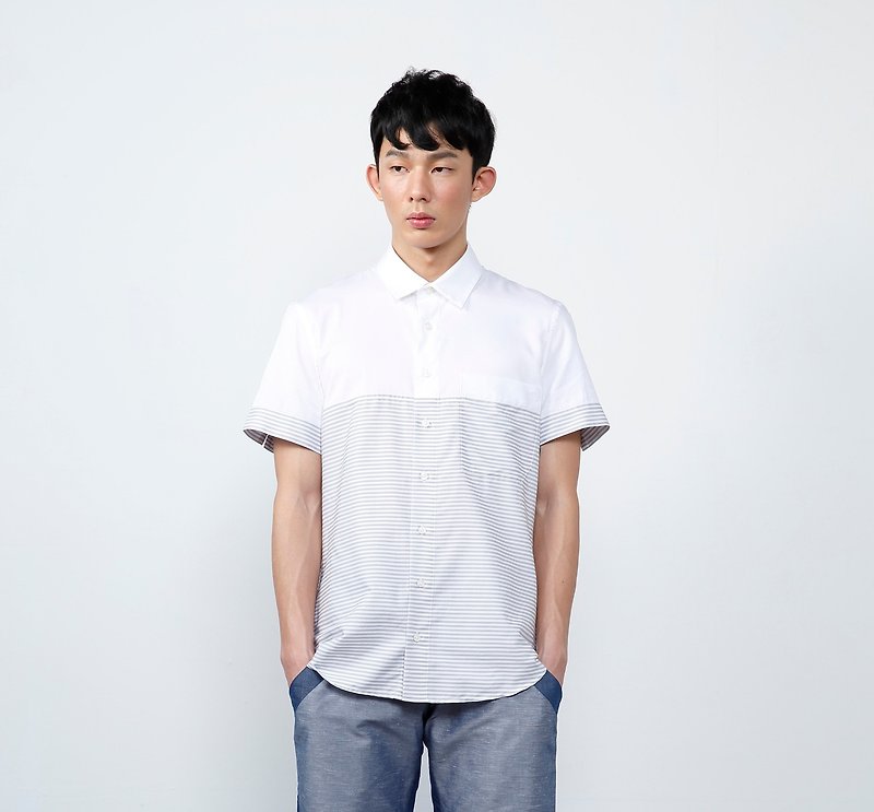 [Must-have for sun protection] Striped cut-out collagen short-sleeved men's shirt - gray - Men's Shirts - Other Materials Gray