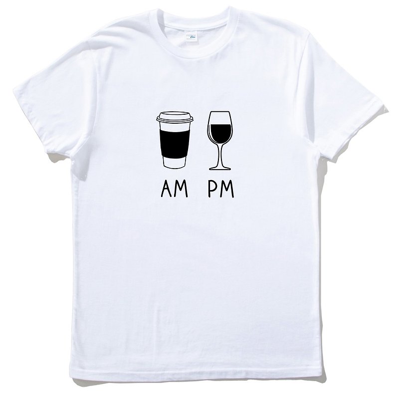 COFFEE AM WINEPMメンズとレディースの半袖Tシャツホワイトコーヒーワインギフトデザイン - Tシャツ メンズ - コットン・麻 ホワイト