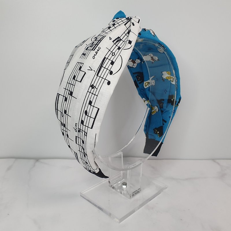 Cute two-color headband - blue cat piano notes - เครื่องประดับผม - ผ้าฝ้าย/ผ้าลินิน สีน้ำเงิน