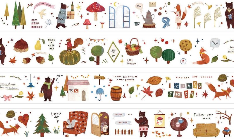 秋日童話 熊熊和森林好朋友們 塩系繪畫 PET 和紙膠帶 10米卷 - 紙膠帶/和紙/PET - 其他材質 多色