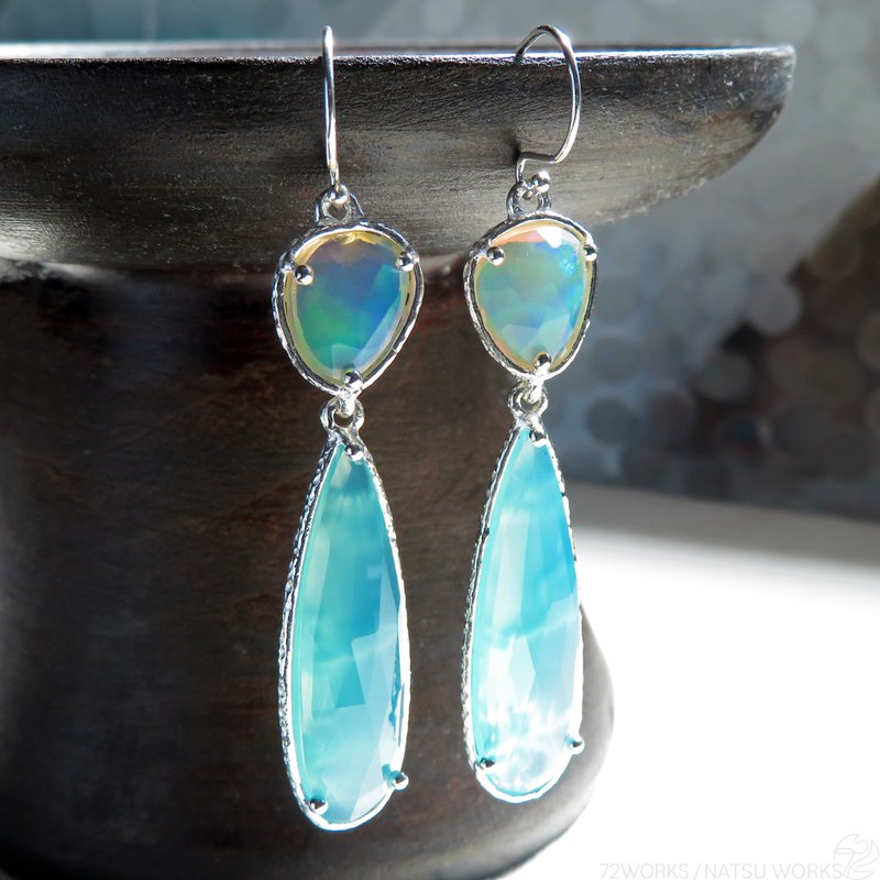 オパール & カルセドニー ピアス / Opal and Chalcedony earring - 耳環/耳夾/耳骨夾 - 寶石 藍色