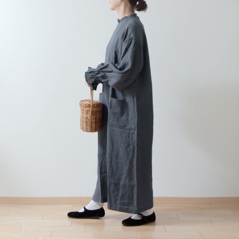 Tuck frill collar gathered long sleeve Linen all-in-one/gray - Overalls & Jumpsuits - Cotton & Hemp Gray