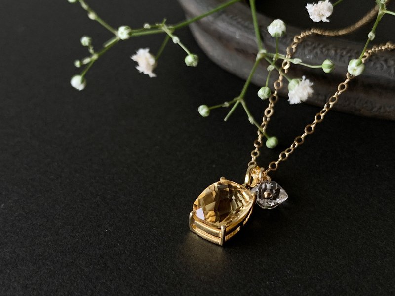 [April and 11 Birthstones] Citrine and Herkimer Diamond (Crystal) Necklace that Gives Courage and Wisdom (K14GF) - สร้อยคอ - เครื่องเพชรพลอย สีเหลือง