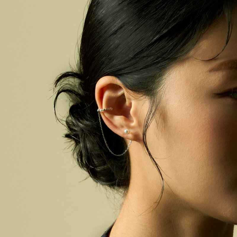 二重奏 珍珠銀珠純銀耳骨夾 掛式耳環 - 耳環/耳夾/耳骨夾 - 純銀 