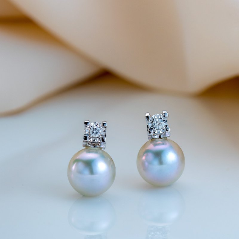 Akoya | Silver Blue | Princess | 18K White Gold | Diamond Earrings - Earrings & Clip-ons - Pearl 