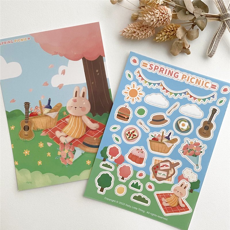 Spring Picnic Sticker Sheet and Postcard - การ์ด/โปสการ์ด - กระดาษ 