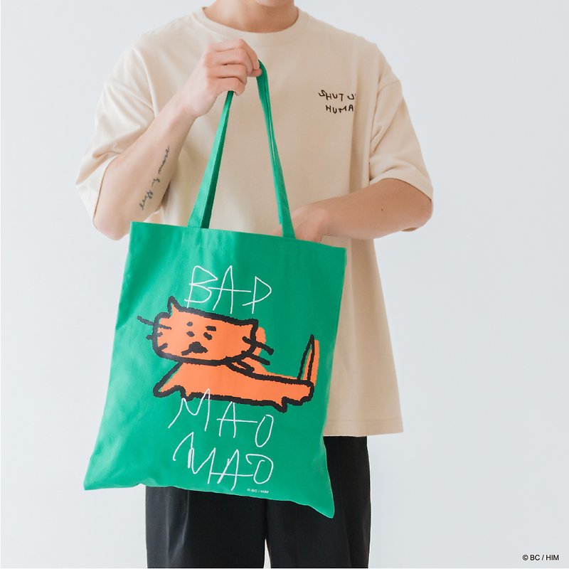 [Slowly Pick x Bye Bye Jiu Jiu - Bad Cat Tote Bag Drawn by the Left Hand] Thick and stiff material - กระเป๋าแมสเซนเจอร์ - ไฟเบอร์อื่นๆ สีเขียว