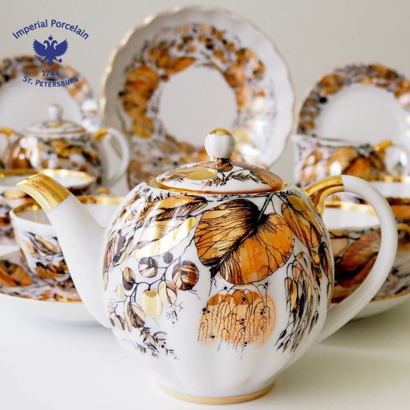 Russian Imperial Porcelain Sunset Garden 22K Gold Handmade 600ml Teapot (20 oz) - Teapots & Teacups - Porcelain Gold