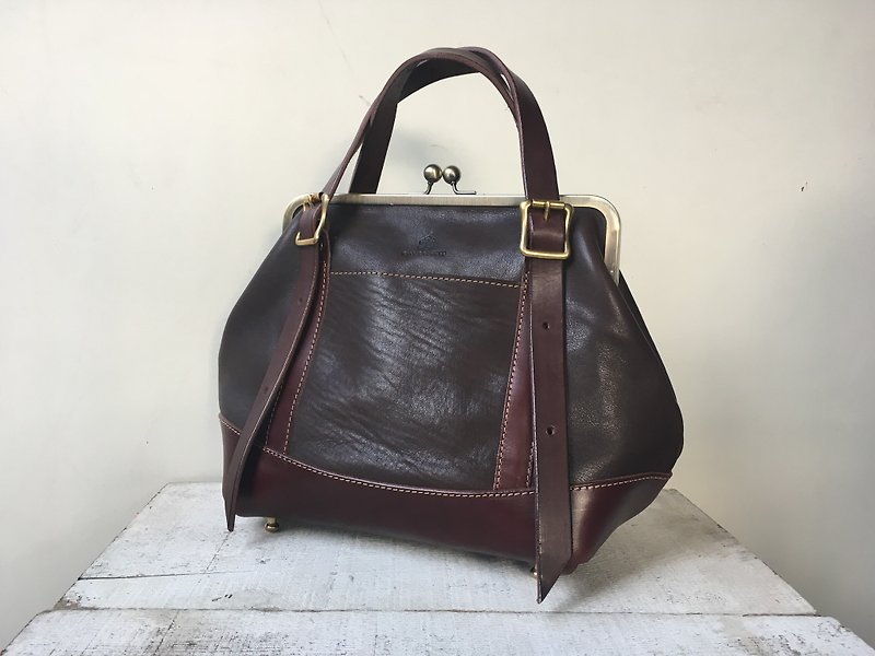 JAPAN Leather Nume Leather Gamaguchi 2way Bag montagna-A M size - กระเป๋าถือ - หนังแท้ สีนำ้ตาล