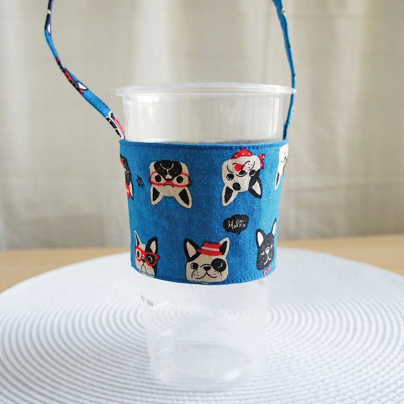 Lovely【日本棉麻布】法鬥頭像飲料杯袋、提袋、環保杯套【藍】 - 飲料提袋/杯袋/杯套 - 棉．麻 藍色
